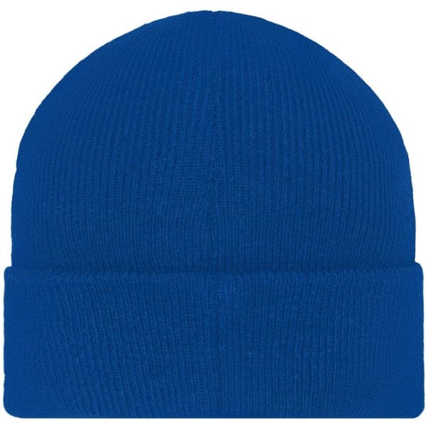 A blue knitted beanie with a folded cuff and a patch. Simple and versatile headwear accessory.
