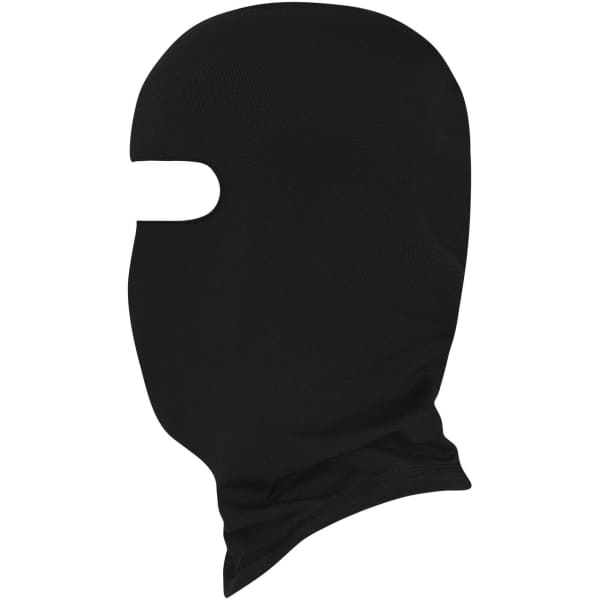 A black balaclava with eye openings, featuring a snug fit and soft fabric. It includes a brand logo.