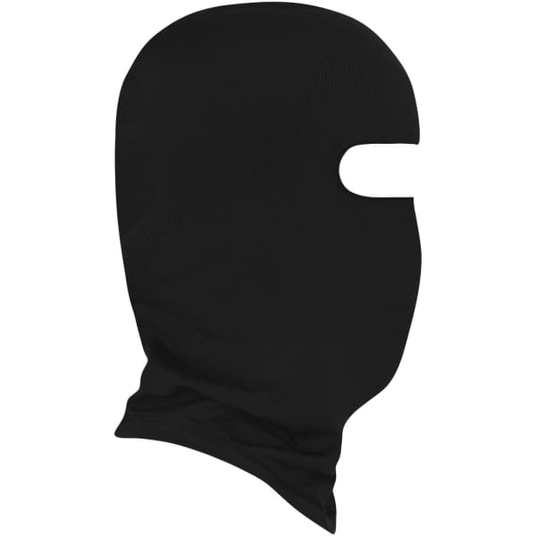 A black balaclava featuring a face opening, made from soft fabric with a snug fit. It includes a logo.