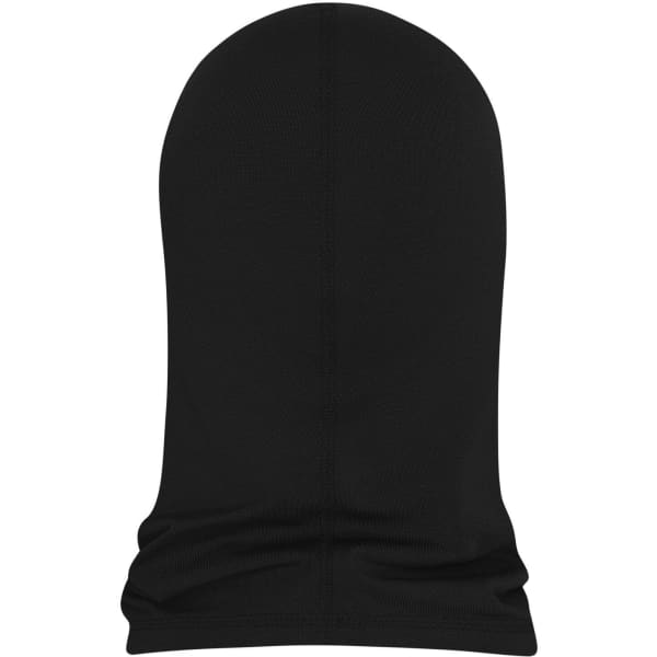 A black balaclava with a seamless design, featuring a snug fit and smooth fabric. It has a logo on one side.