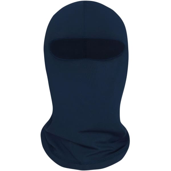A dark navy balaclava with an open face area, made from a soft, stretchy material. It has a simple design.