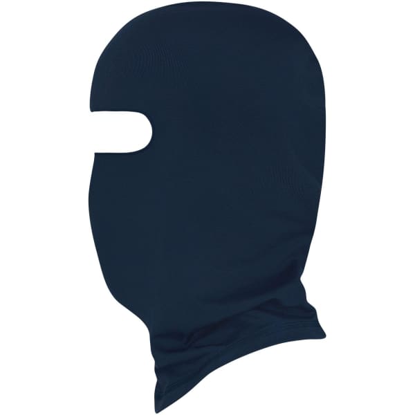 A navy balaclava featuring openings for the eyes and face, made from stretchable fabric. It has a simple design and no branding.