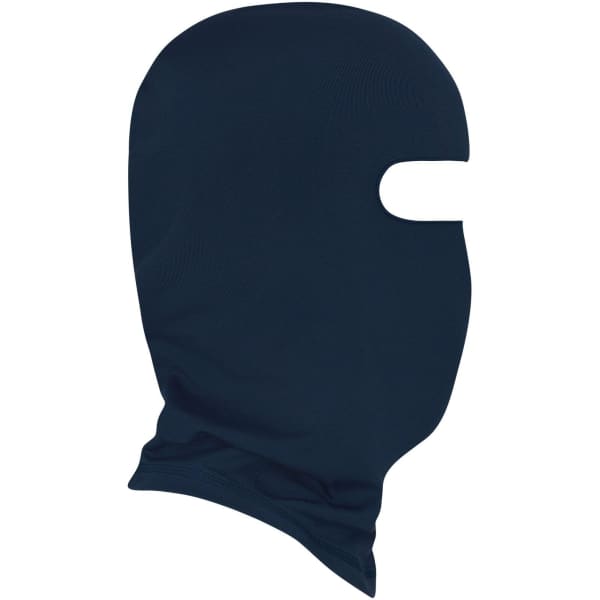 A navy balaclava with a single eye opening and a neck covering, featuring a logo.