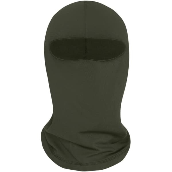 An olive green balaclava with a fitted design and an open face area. It features a seamless construction.