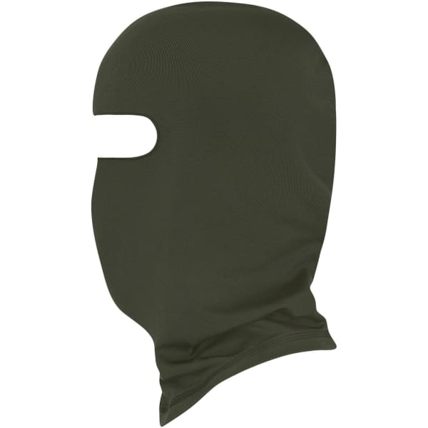 A balaclava in dark green, featuring an eye opening and snug fit design. It has a branding logo on it.