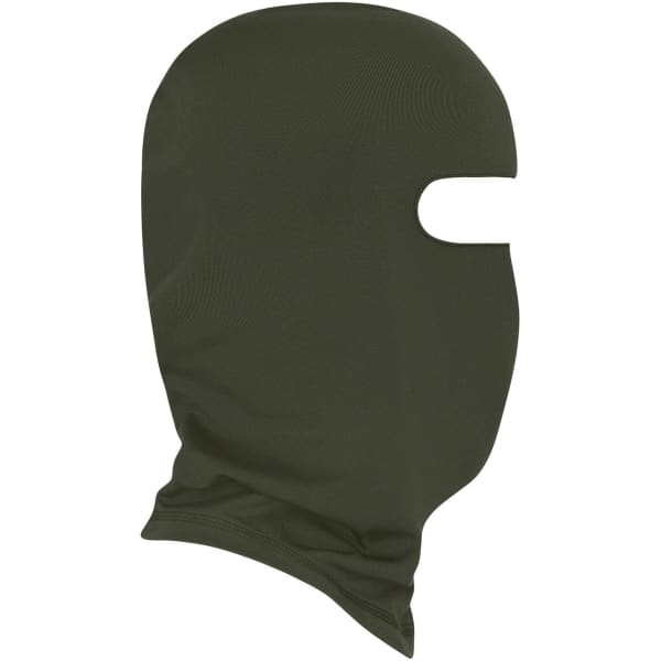 A green balaclava featuring a single opening for the eyes and a snug fit. It has a simple design and no visible branding.