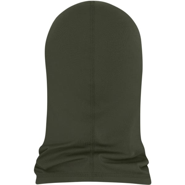 A green balaclava with a smooth, streamlined design, featuring stitching details and no visible branding.