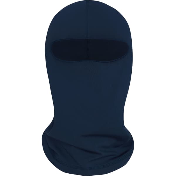 A navy balaclava with an open face and fitted design, suitable for outdoor activities. It features a logo.