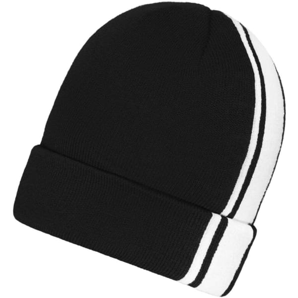 A black and white winter beanie with a folded cuff and two horizontal stripes. It features a logo.