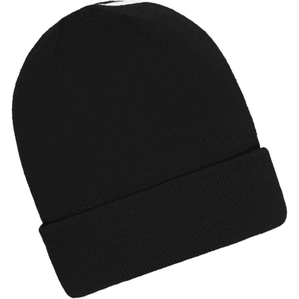 A black winter beanie with a folded cuff and a smooth texture, featuring a small logo.