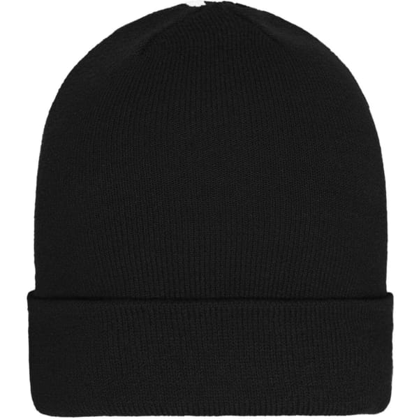 A black winter beanie with a folded cuff, featuring a simple knit design.