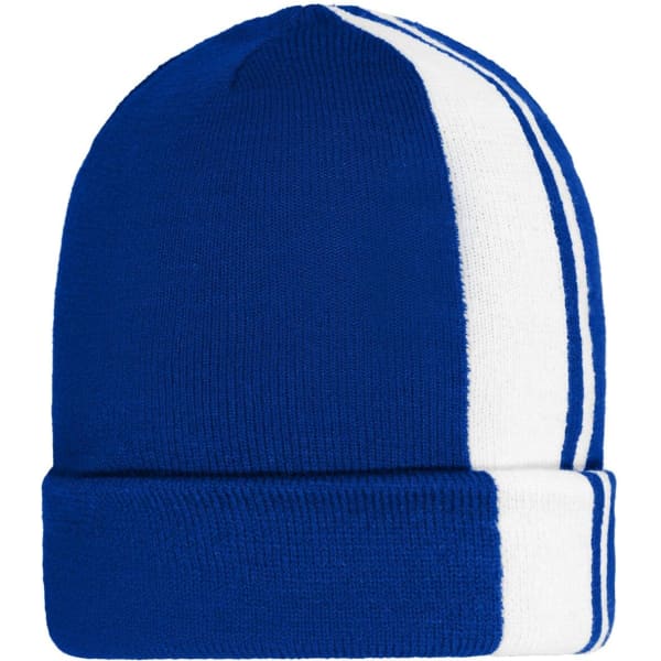 A blue and white winter beanie with a ribbed cuff and vertical stripes. It features a logo on one side.