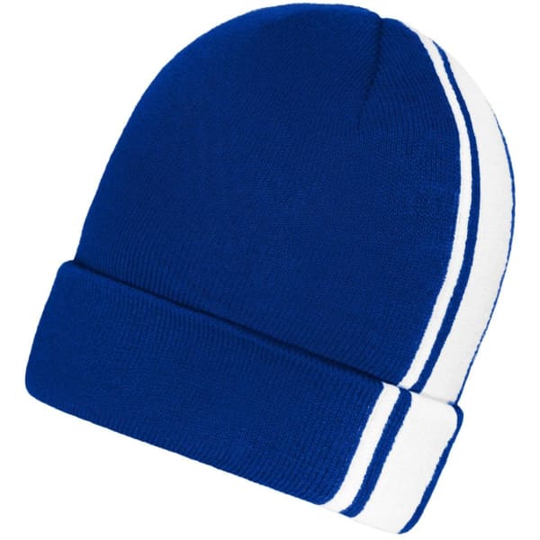 A blue winter beanie with white stripes and a folded brim, featuring a logo.