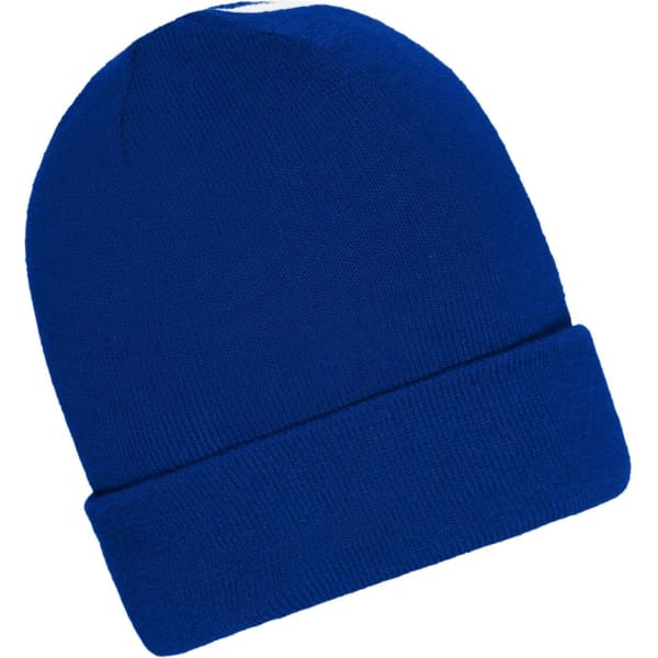 A blue winter beanie with a fold-up cuff and a smooth texture, featuring a logo on the side.