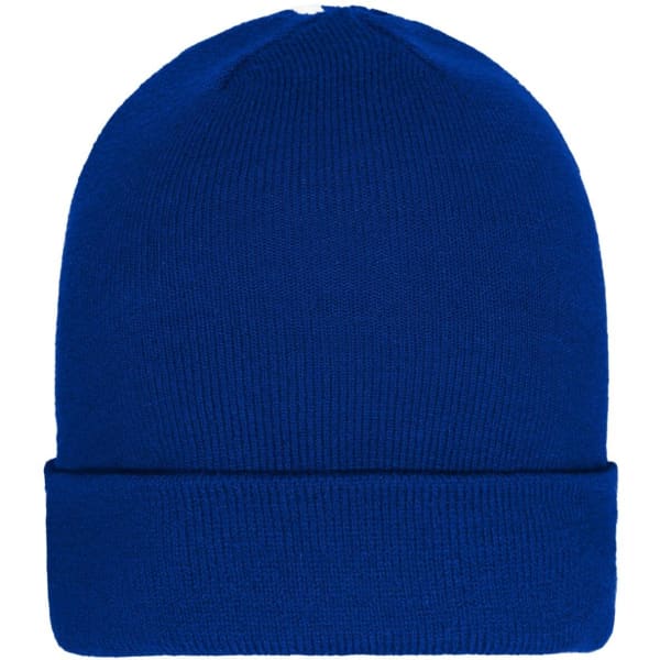 A blue Winter Beanie with a fitted design and a folded cuff. The beanie features a logo on the side.