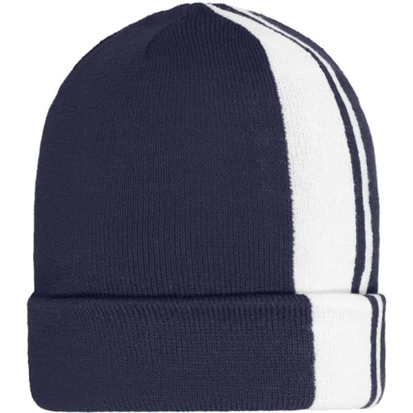 A Winter Beanie featuring a navy blue and white striped design, with a folded cuff. It includes a logo.