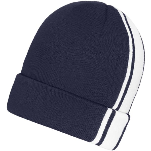 A navy blue winter beanie with white stripes, featuring a cuffed design and a logo on it.