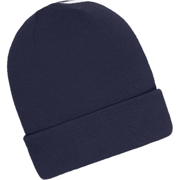 A navy blue winter beanie featuring a folded cuff and a simple design. It has a logo on the side.