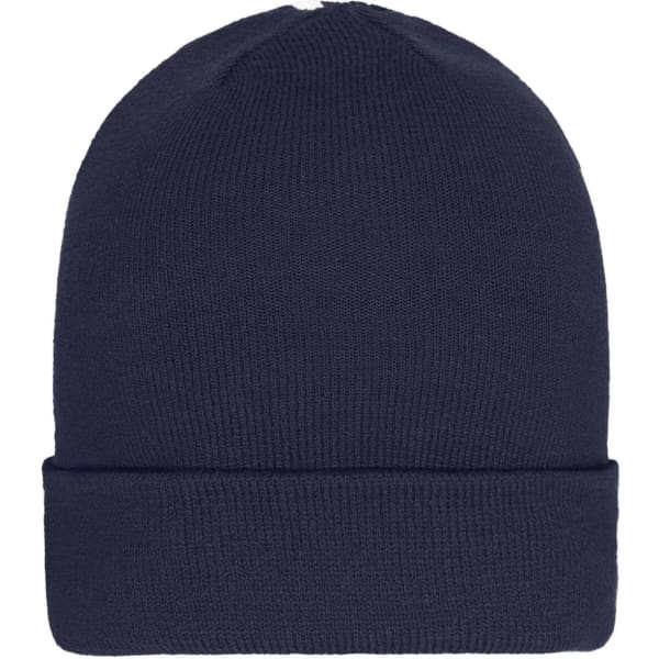 A navy blue knitted beanie with a folded cuff, featuring a logo.