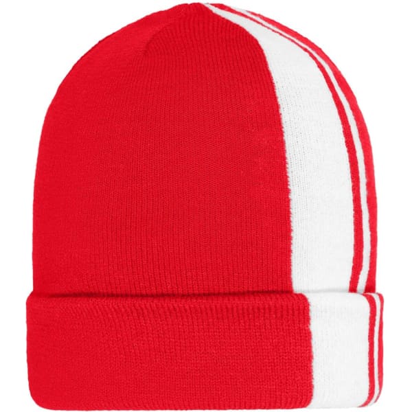 A red and white striped winter beanie featuring a folded brim and a logo on the side.