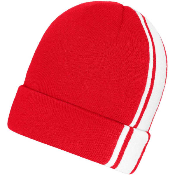 A red winter beanie with white stripes. It features a snug fit and a comfortable knitted design.