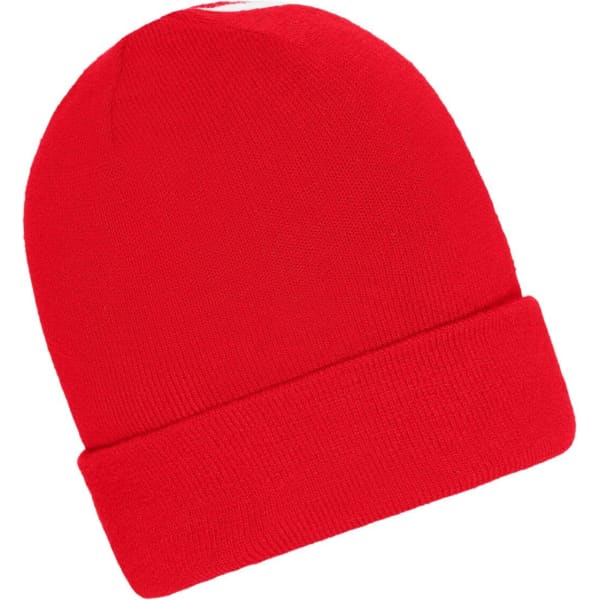 A red winter beanie with a rolled cuff, featuring a logo on the side.