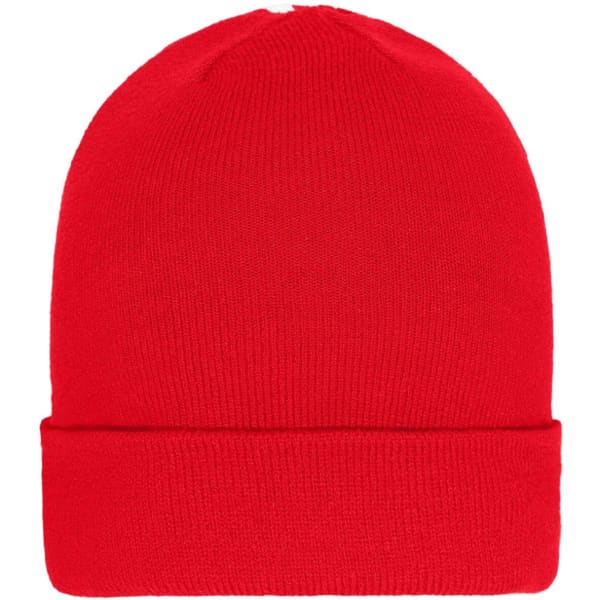A red winter beanie with a simple, knitted design and a folded brim. It features a logo on the side.