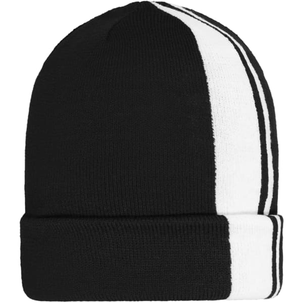 A black and white striped winter beanie with a folded cuff and a logo on the side.