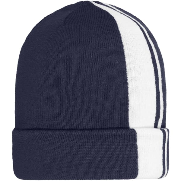 A navy and white striped winter beanie with a snug fit and a rolled brim. It features a logo on the side.