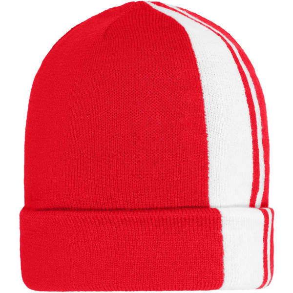 A red and white winter beanie with a folded cuff and vertical stripes. It features a logo on one side.