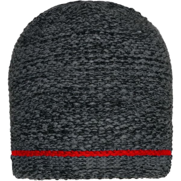 A coarse knitted beanie in dark grey with a red band at the bottom. It features a textured knit design.