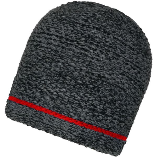 A coarse knitted beanie in dark grey with a red band around the bottom. It has a textured appearance and a logo.