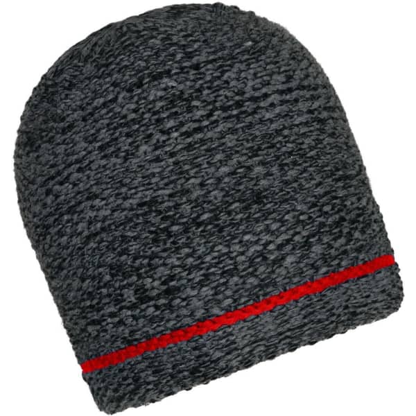 A coarse knitted beanie in grey featuring a red stripe at the bottom. It has a textured fabric and a snug fit.