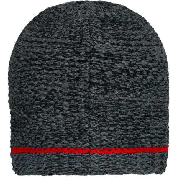 A coarse knitted beanie in a dark grey shade with a red band around the bottom, featuring a logo.