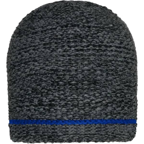 A coarse knitted beanie in shades of grey with a blue band around the bottom and a logo on the side.