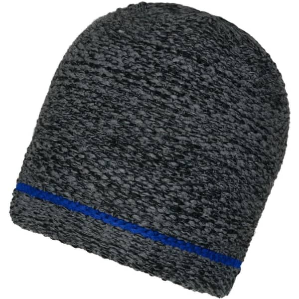 A coarse knitted beanie in dark grey with a blue stripe, featuring a textured design and a logo.