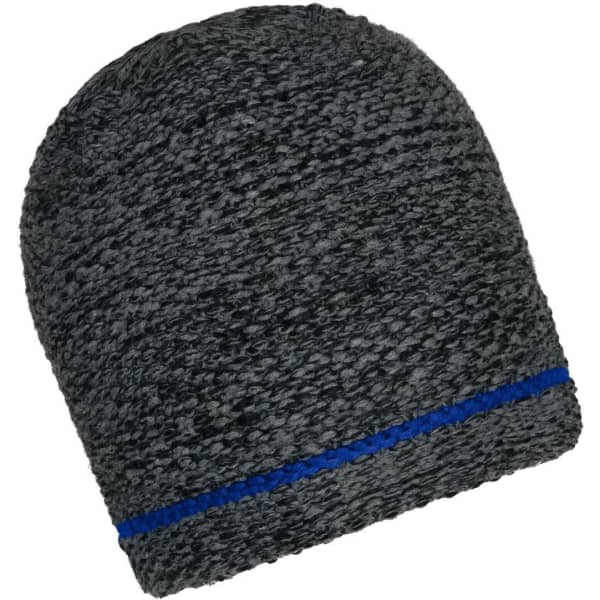 A coarse knitted beanie in grey with a blue horizontal stripe at the base. Features a branding logo.
