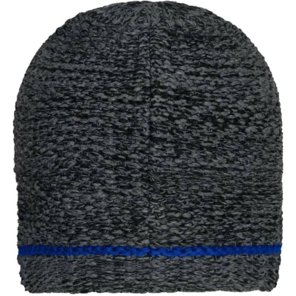 A coarse knitted beanie in dark grey with a blue woven stripe at the base. It has a branding logo.