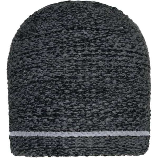 A coarse knitted beanie in shades of black with a contrasting band. It features a logo at the bottom.