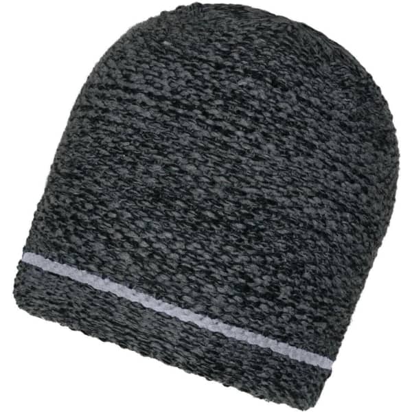 A coarse knitted beanie in dark grey with a light grey band around the bottom. Features a logo.