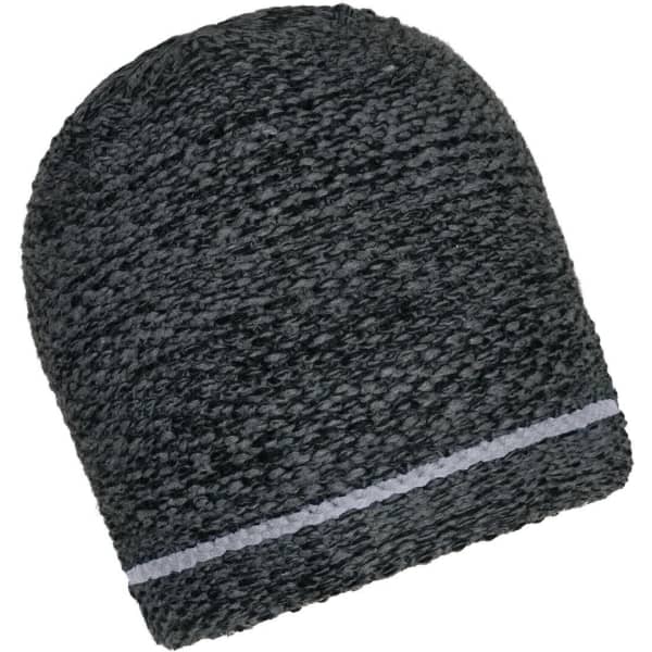 A coarse knitted beanie in shades of grey with a contrasting stripe. Features a logo.