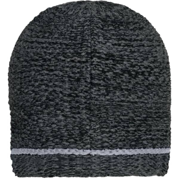 A coarse knitted beanie in dark grey with a contrasting trim. Features a logo on the side.
