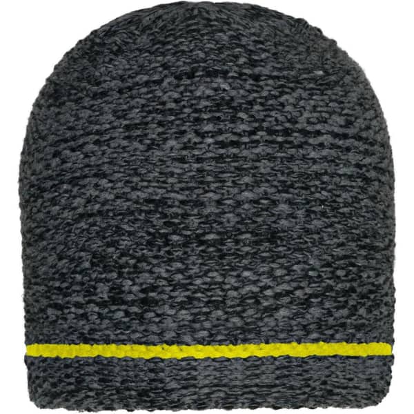 A coarse knitted beanie in dark grey with a yellow band around the base. The product features a logo.