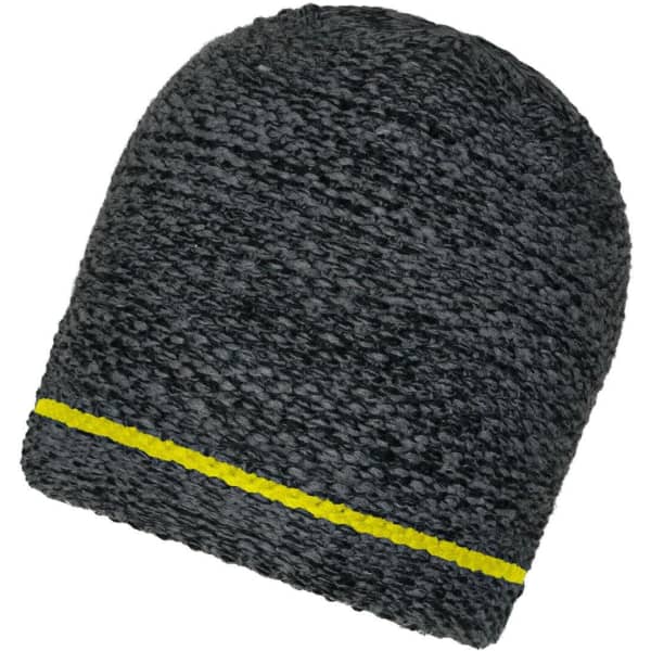 A coarse knitted beanie in dark grey with a yellow stripe around the base. It features a logo on the side.