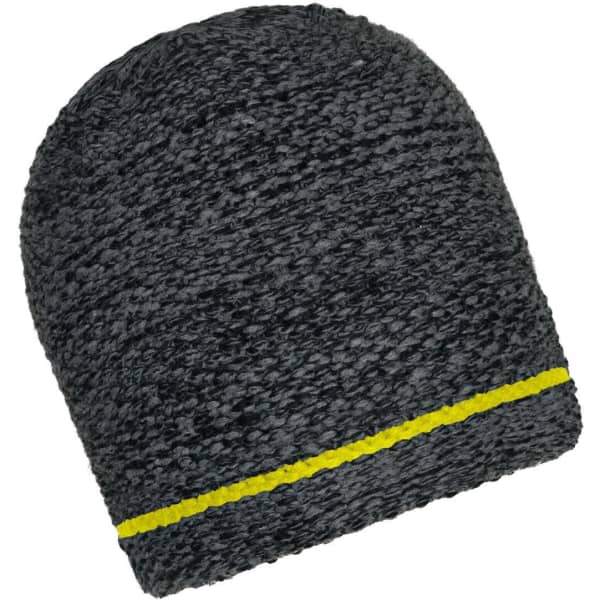 A coarse knitted beanie in dark grey with a bright yellow band around the bottom.