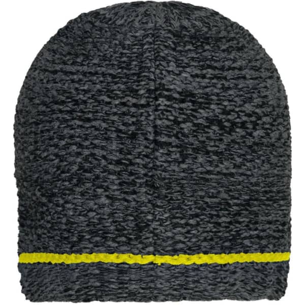 A coarse knitted beanie in dark grey with a yellow stripe at the bottom and a logo.