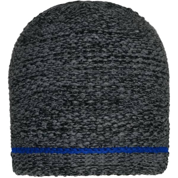 A coarse knitted beanie in shades of grey with a blue band around the base. It features a logo on the side.