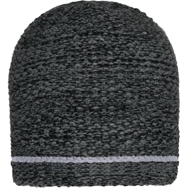 A coarse knitted beanie in shades of black and grey with a contrasting band. Features a logo on the side.