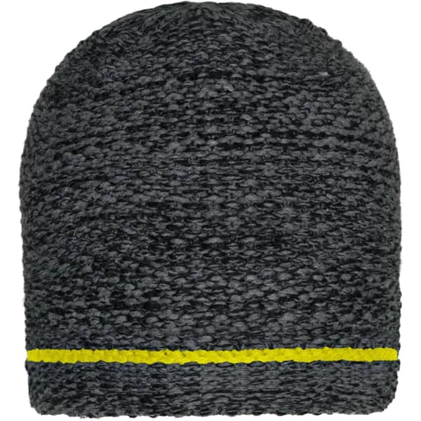 A coarse knitted beanie in dark grey with a yellow band around the bottom. It has a textured design and no visible branding.