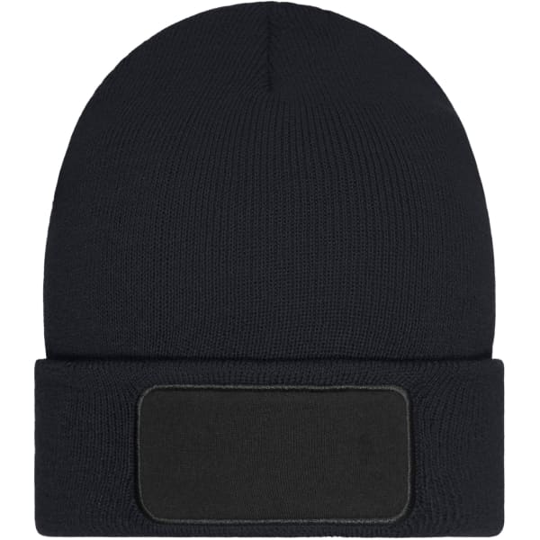 A black beanie with a fold-up cuff and a patch area for branding or customization.